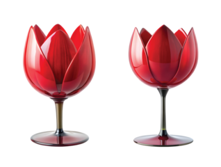 Red Tulip-shaped Wine Glass: A glass wine cup shaped like a red tulip blossom with smooth petal curves, PNG