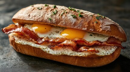 Bacon, egg sandwich, breakfast, roll, rustic, kitchen, food photography, appetizing, meal
