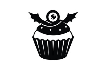 Silhouette art illustration of a Halloween cupcake with eyeball topping.eps