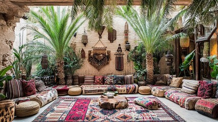 Moroccan courtyard lounge, relaxing oasis, desert backdrop, travel brochure