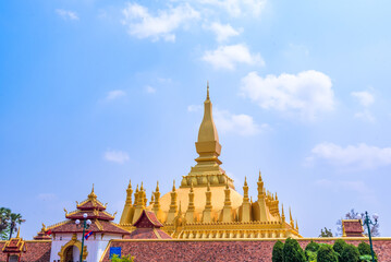Naklejka premium The most beautiful Viewpoint Architecture at Pha That Luang Temple in Vientiane, Laos