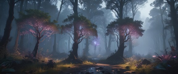 Fototapeta premium Holographic trees, spectral mist, bioluminescent vegetation, light, trees, wonder