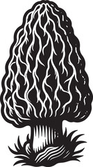 A black and white graphic illustration of a morel mushroom with grass at base