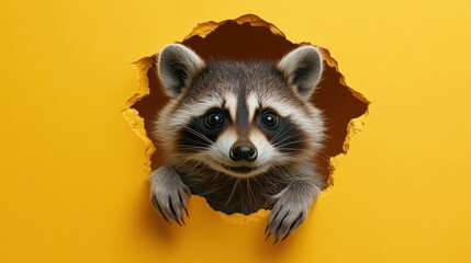 Fototapeta premium Raccoon peeking through a hole in a yellow surface