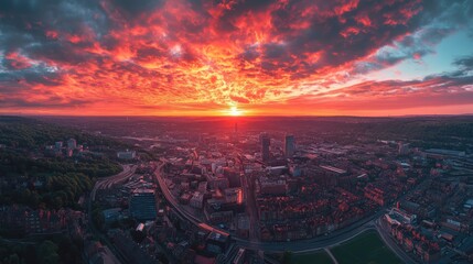 Fototapeta premium Fiery sunset over city panorama, aerial view, dramatic clouds, urban landscape, travel