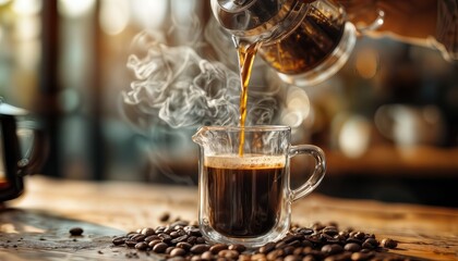 a stream of freshly brewed coffee pours from a glass carafe into a clear mug surrounded by scattered coffee beans on a rustic wooden table.