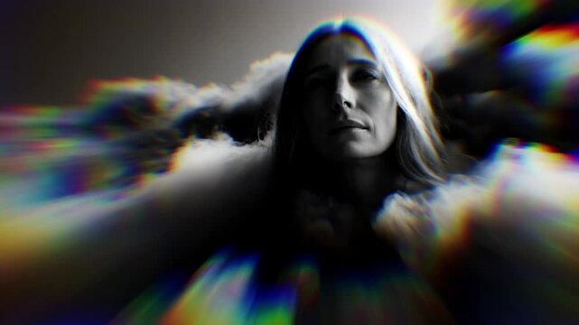 The woman is in the center of the blurry image with the dark cloud of smoke surrounding her. The image has a dreamy, etheric quality, as if a woman is swimming in a cloud