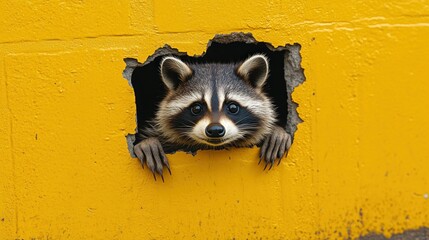 Fototapeta premium Raccoon Peeking Through Hole in Yellow Wall