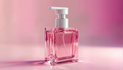 a sleek, rectangular pink pump bottle stands prominently against a soft, gradient pink backdrop, casting a delicate shadow and suggesting a focus on personal care or beauty products.