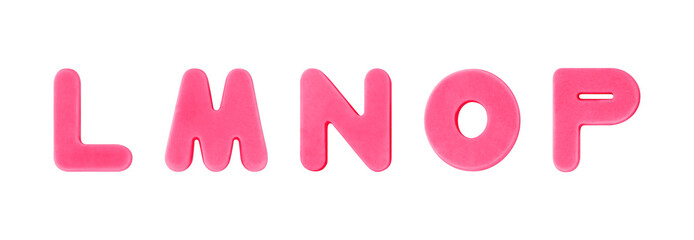 Colored clay shaped like the English letter L, M, N, O, P. Pink color