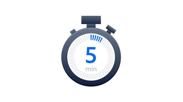 Stopwatch animation counting down five minutes on white and green screen
