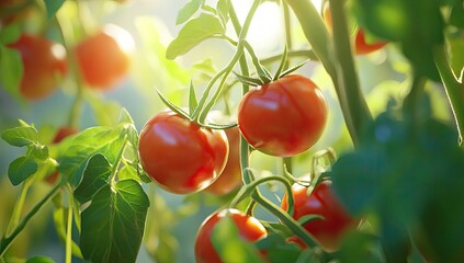 Ripe tomatoes on vine, sunlit