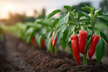 Red chili peppers grow on healthy plants in a garden at sunset with soft light illuminating the vibrant colors