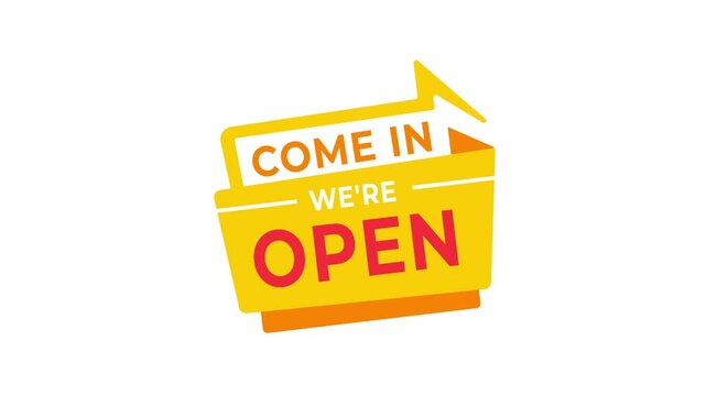 Come in we're open sign animation on white and blue background