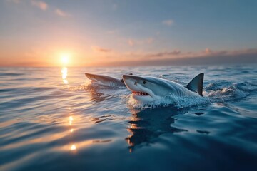Fototapeta premium Sharks swimming in calm ocean waters during sunset over the horizon
