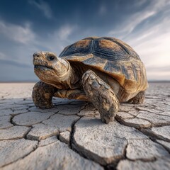 Obraz premium An old tortoise traverses a cracked dry landscape, showcasing its rugged shell and wise demeanor. The sky is filled with dynamic clouds as it moves slowly forward in search of food