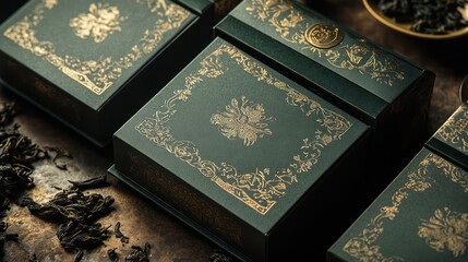 Elegant green tea boxes, studio shot, loose leaf tea, dark background, packaging design