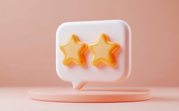 A 3D minimal icon of 3 stars accompanied by a message box represents service and customer ratings in a conceptual 3D illustration