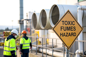Workers in safety gear stand near a facility with large vents and a warning sign indicating a toxic fumes hazard.