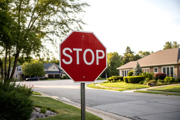 A red stop sign stands at a quiet suburban intersection surrounded by houses, trees, and greenery on a sunny day.