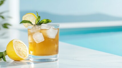 Fototapeta premium Refreshing Summer Drink with Lemon and Mint by Swimming Pool drink lemon mint pool summer beverage