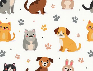 A playful seamless pattern featuring adorable pet animals like cats, dogs, rabbits, and hamsters, set against cute pastel backgrounds