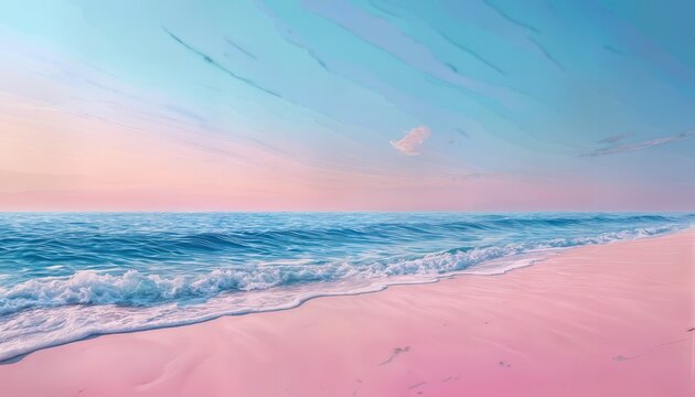 a serene coastal scene featuring gentle waves washing onto a pink sand beach beneath a pastel sky with wispy clouds.
