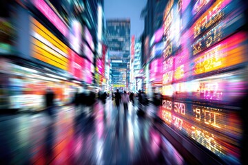 Busy, vibrant city street at night