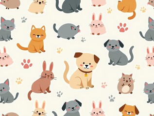 A playful seamless pattern featuring adorable pet animals like cats, dogs, rabbits, and hamsters, set against cute pastel backgrounds