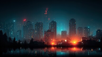 Cityscape at Night with Reflections in Water