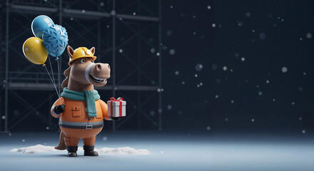 Naklejka premium Horse in a builder's suit with gifts and balloons, symbol of the year . Generative AI