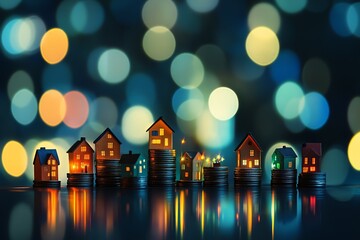 Obraz premium A miniature village constructed from coins serves as a symbol for the value of real estate investment