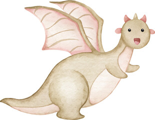 Watercolor illustration of a cute beige dragon with pink wings on a transparent background.