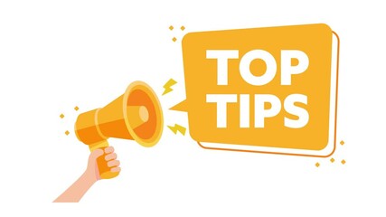 Hand holding megaphone with top tips speech bubble on white and green screen background