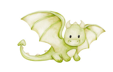 Watercolor illustration of a cute green dragon on a transparent background.