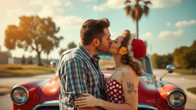 Young couple kissing in front of classic car under sunny sky  