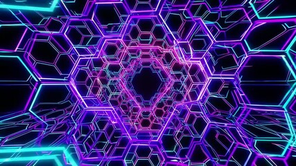 Futuristic glowing hexagonal grid tunnel animation with electric blue and purple neon lights, fast movement through cyberspace or digital network structure - Powered by Adobe