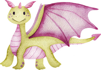 Watercolor illustration of a cute green and pink dragon on a transparent background.