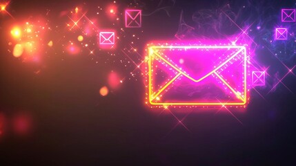 An email icon is depicted in a 3D render with vibrant orange and yellow neon light, standing out as a technology symbol against a black background