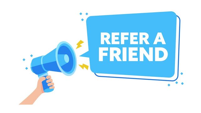 Hand holding megaphone with refer a friend message
