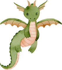Watercolor illustration of a green dragon with wings on a transparent background.