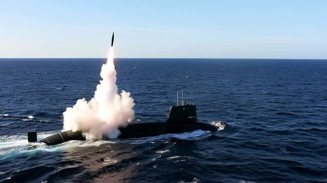 Missile launching from submarine in open sea, showcasing military power, naval technology, and strategic defense operations.
