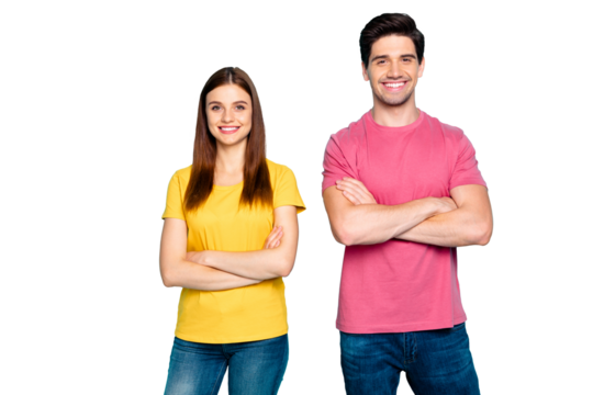 Portrait of his he her she nice attractive lovely charming cheerful cheery content couple entrepreneurs team folded arms isolated over bright vivid shine vibrant green turquoise background