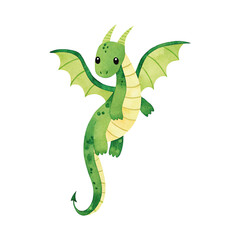 Watercolor illustration of a green dragon with yellow accents on a transparent background.