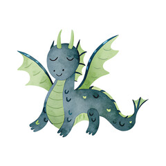 Watercolor illustration of a cute blue and green dragon on a transparent background.