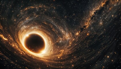 a swirling vortex of stars and cosmic dust surrounds a central black hole, creating a dramatic and mesmerizing depiction of gravitational distortion in deep space.