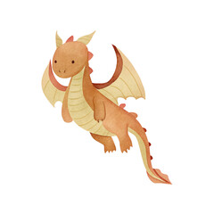 Watercolor illustration of a cute orange dragon on a transparent background.
