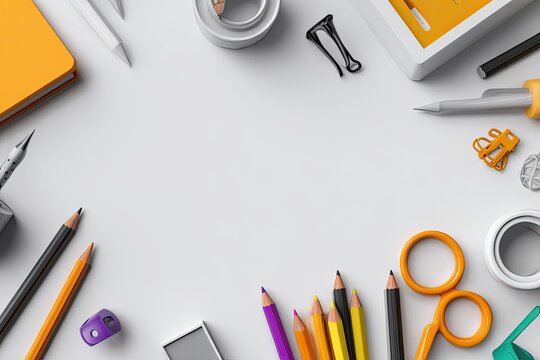 School supplies arranged in a frame