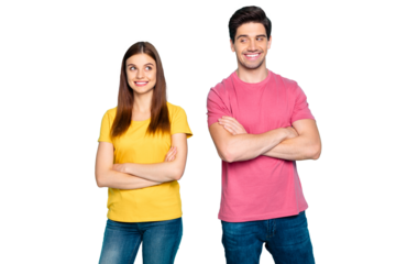 Portrait of his he her she nice attractive lovely charming cute cheerful cheery shy couple looking at each other folded arms isolated over bright vivid shine vibrant green turquoise background