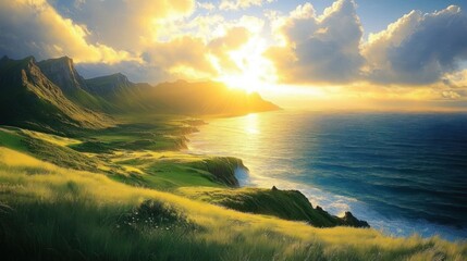 sun shining brightly over rugged coastal cliffs with green grassy hills and calm blue ocean under a partly cloudy sky